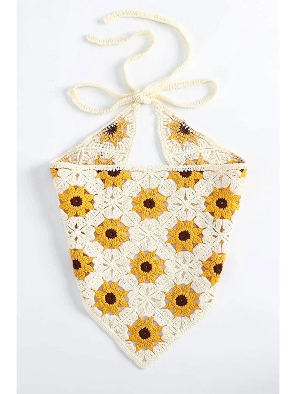 Beyaz Çiçekli Örgü Üçgen Bandana