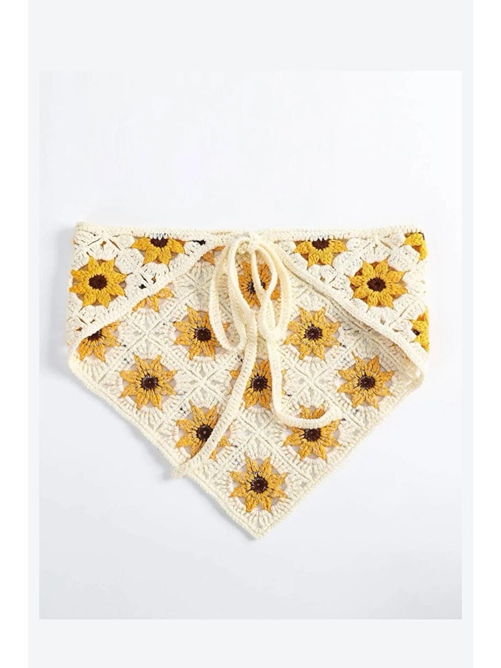 Beyaz Çiçekli Örgü Üçgen Bandana-1