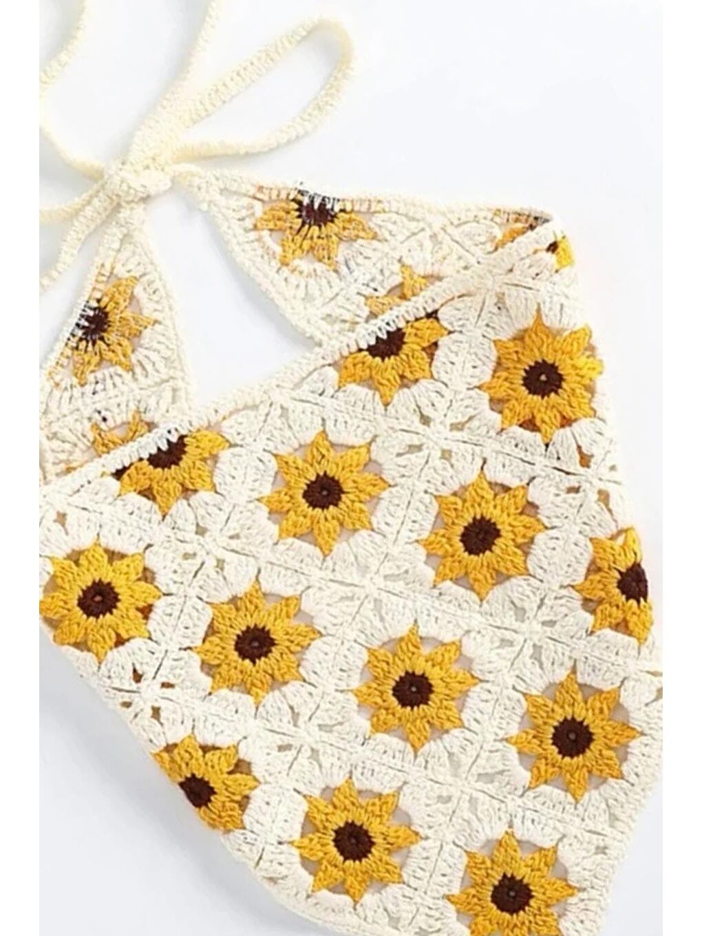 Beyaz Çiçekli Örgü Üçgen Bandana-2