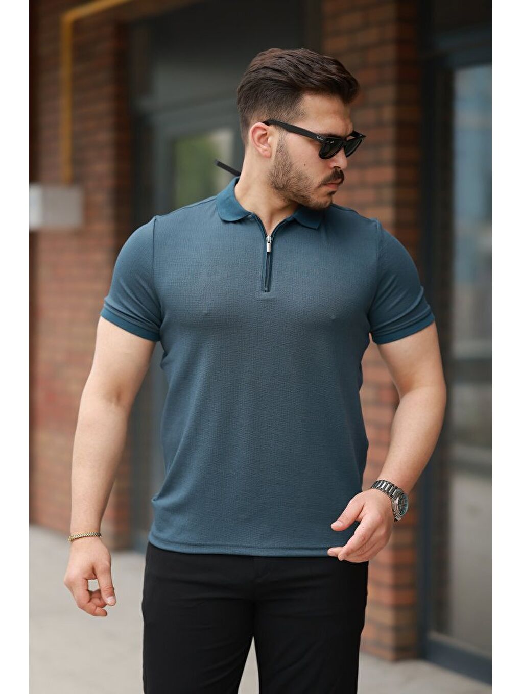 Petrol Erkek Fermuarlı Yaka Kısa Kollu Tişört