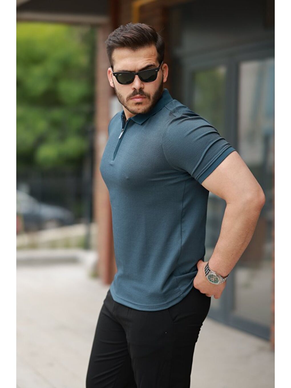 Petrol Erkek Fermuarlı Yaka Kısa Kollu Tişört-1