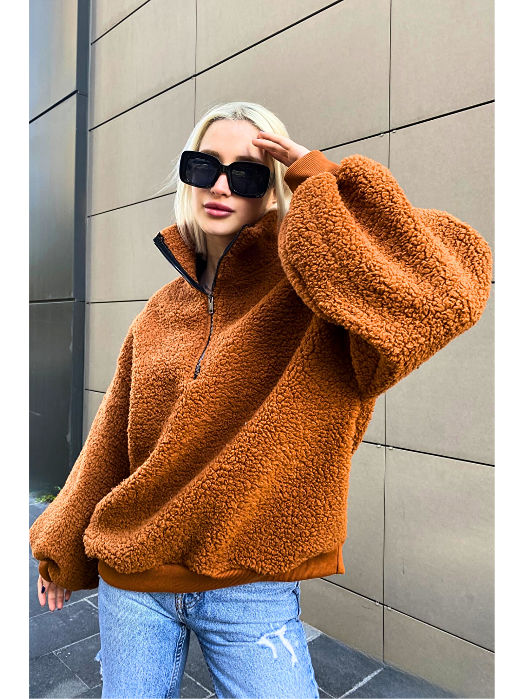 Madmext Kiremit Peluş Fermuar Yaka Sweatshirt MG1413 - 1