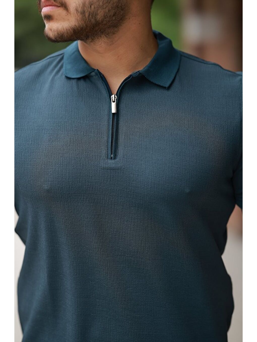 Petrol Erkek Fermuarlı Yaka Kısa Kollu Tişört-2