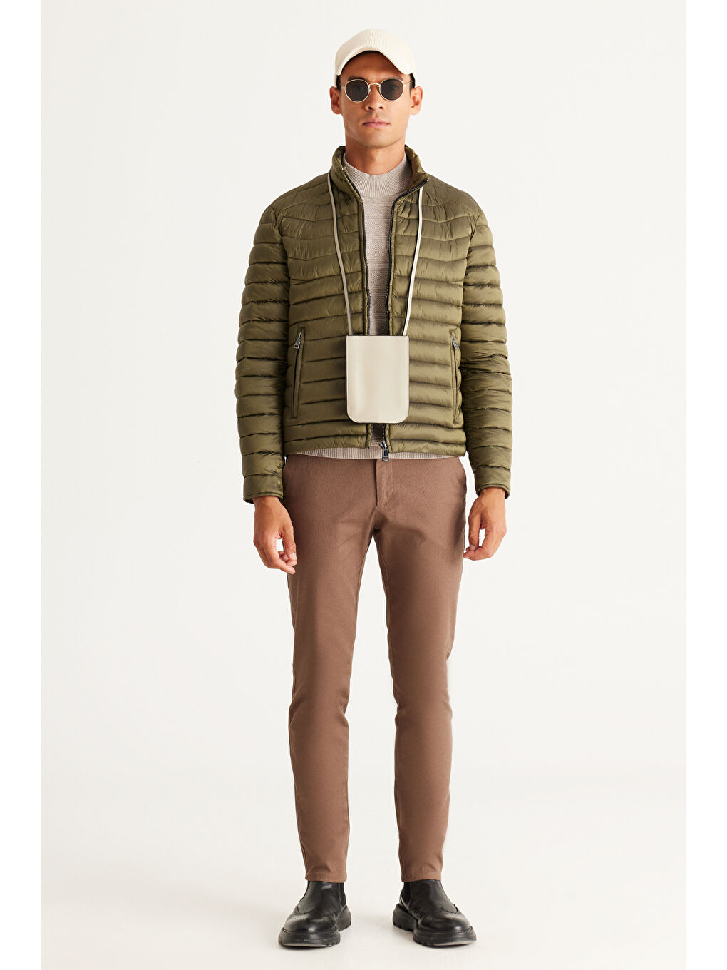 Erkek Bej Melanj Recycle Standart Fit Normal Kesim Yarım Balıkçı Yaka Pamuklu Jakarlı Triko Kazak-2