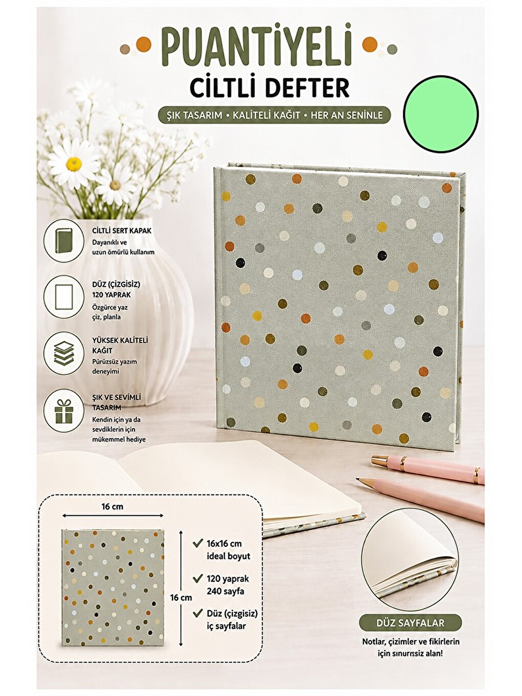 Puantiyeli Kare Not Defteri 16x16cm 1 Adet Lizz Sert Kapak 120 Yaprak Ciltli Çizgisiz Özel Anı Günlü