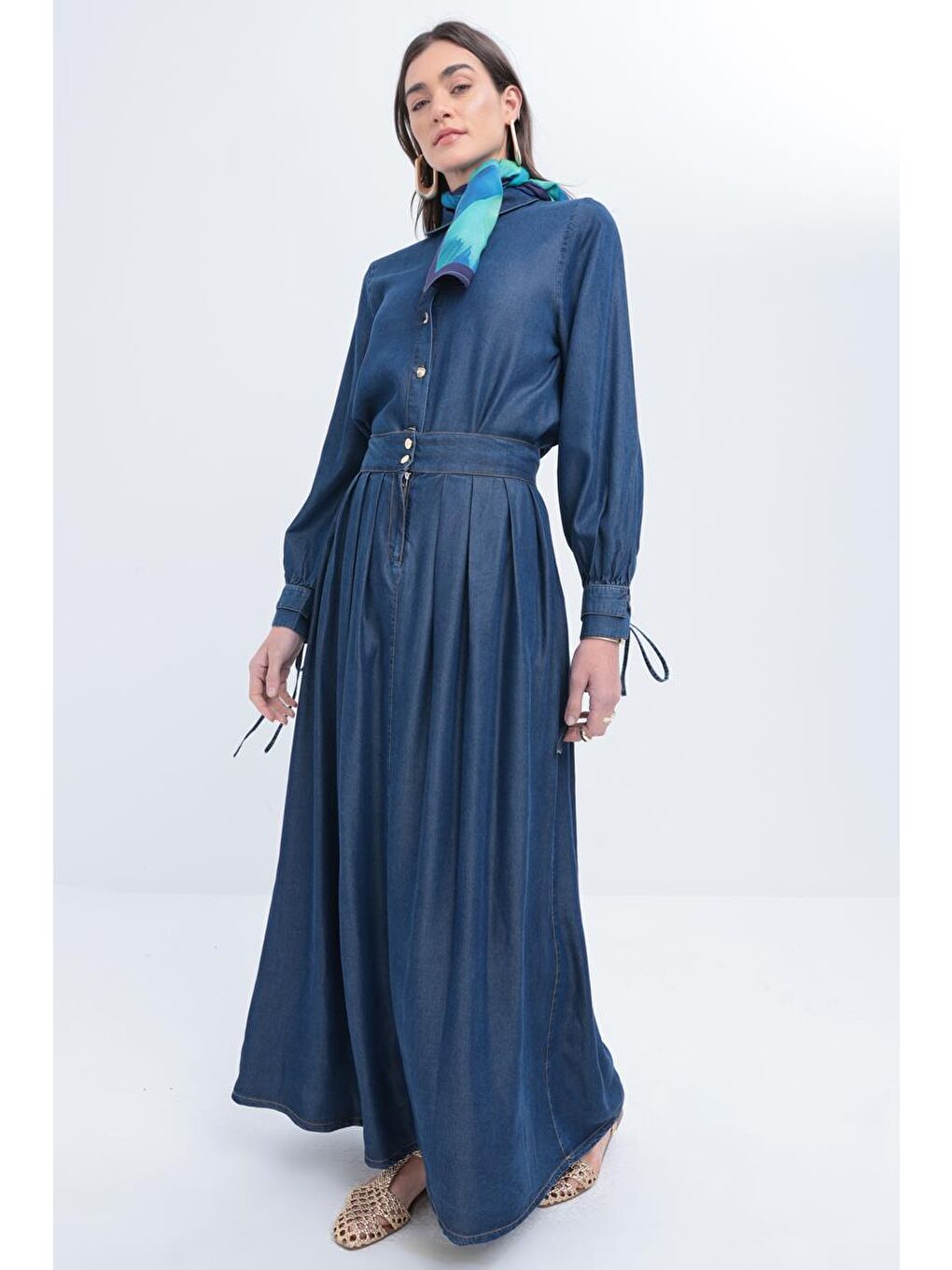 Koyu Mavi Düğmeli Pileli Lyocell Etek-1