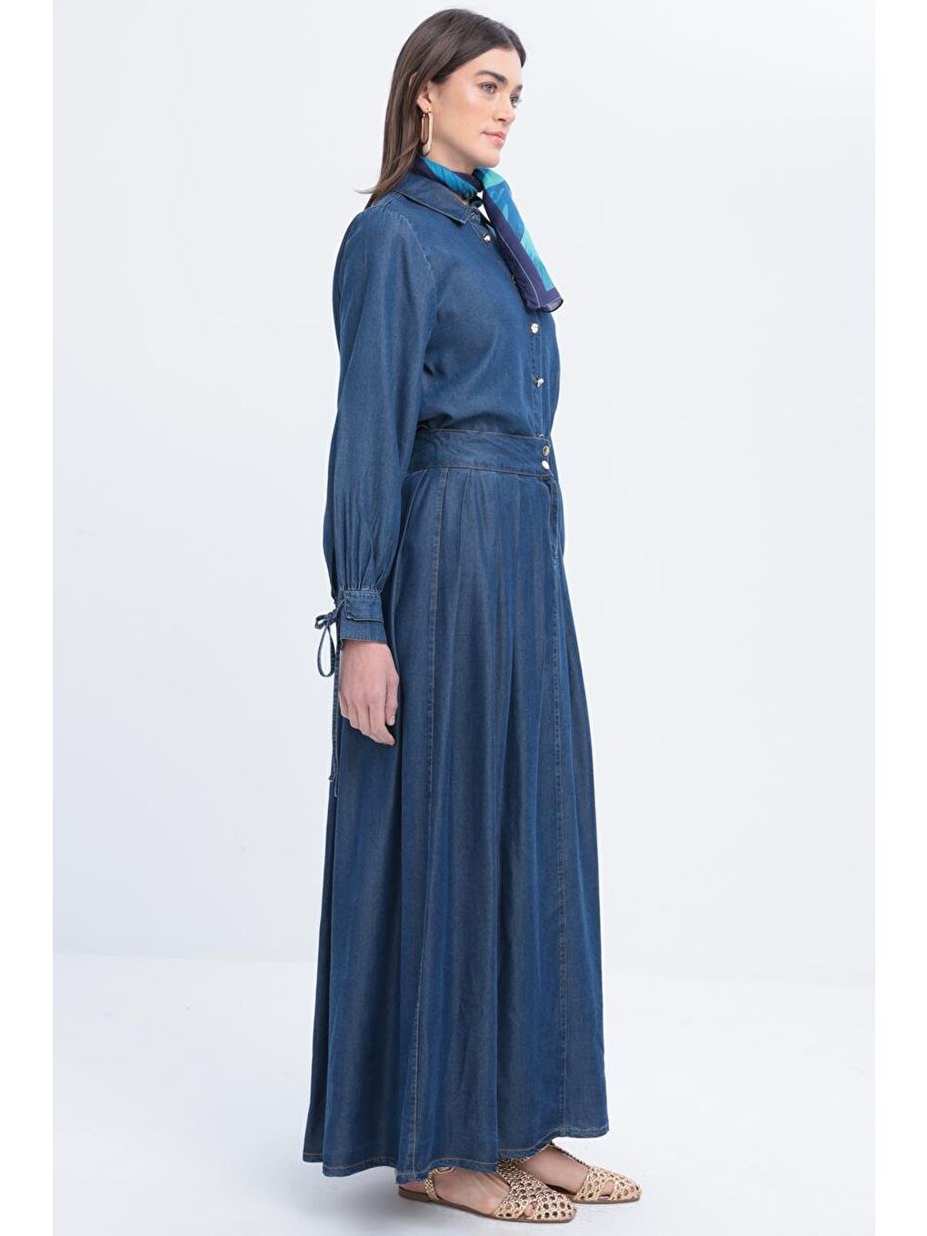 Koyu Mavi Düğmeli Pileli Lyocell Etek-2