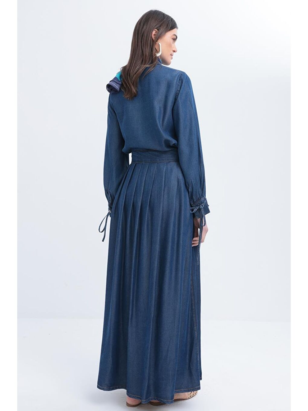 Koyu Mavi Düğmeli Pileli Lyocell Etek-3