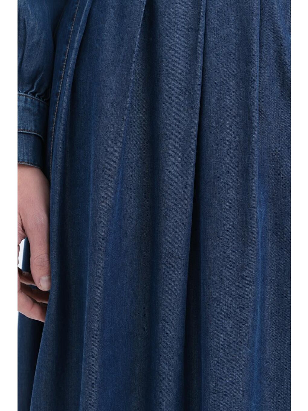 Koyu Mavi Düğmeli Pileli Lyocell Etek-4