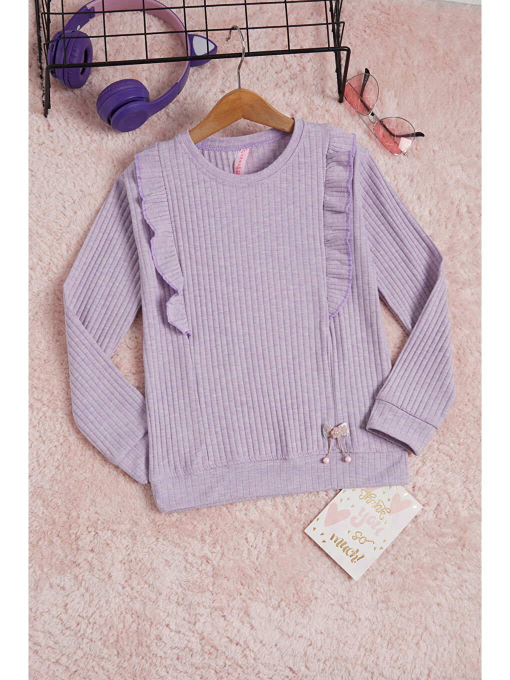 Lila Önü Fırfırlı Fitilli Uzun Kollu Sweatshirt