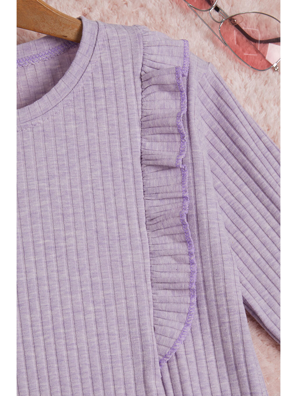 Lila Önü Fırfırlı Fitilli Uzun Kollu Sweatshirt-3