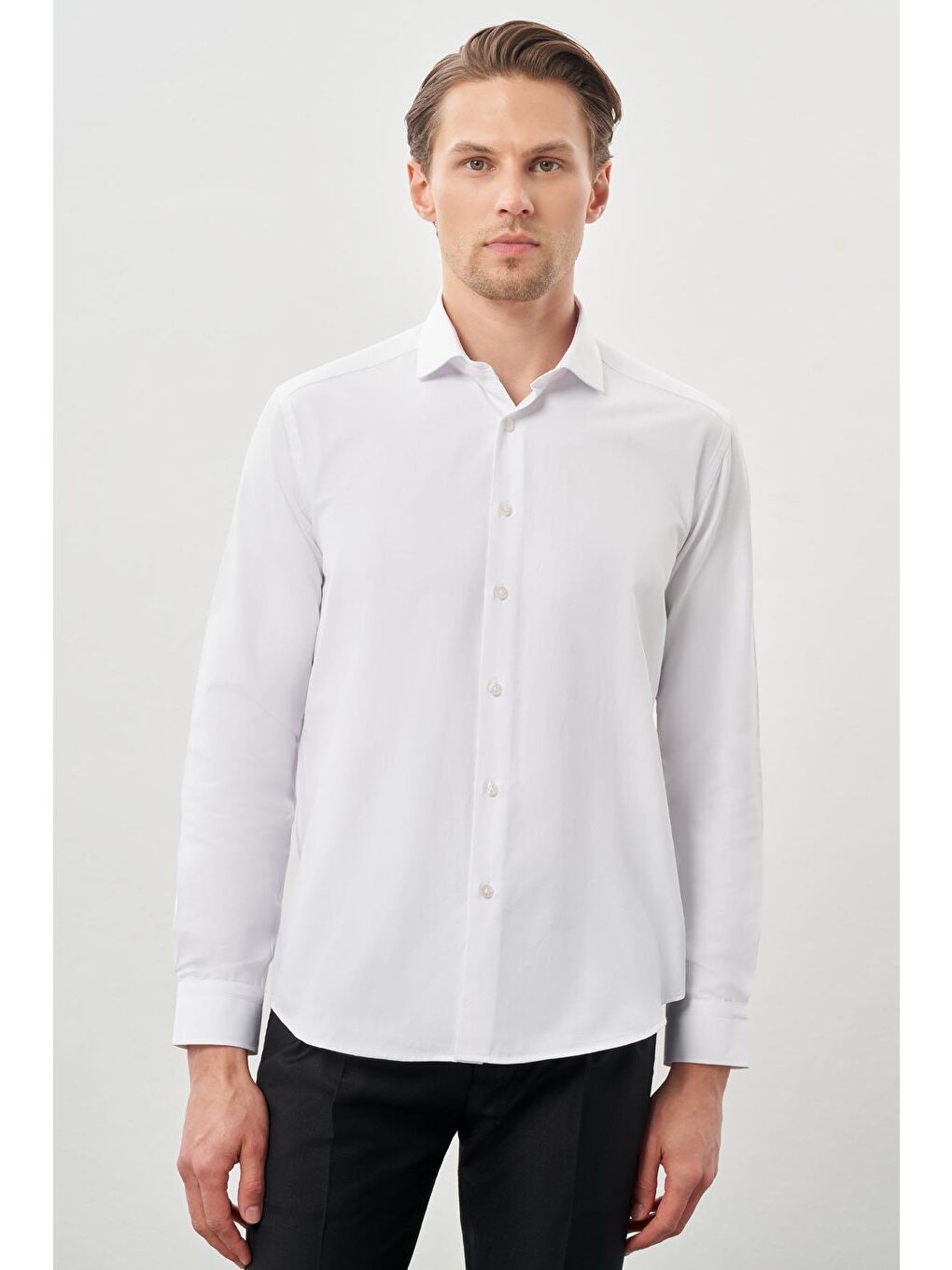 İMZA Beyaz Uzun Kol Düz Bez Ayağı Yarım İtalyan Yaka Cepsiz Pamuklu Classic Slim Fit Gömlek 1004245268