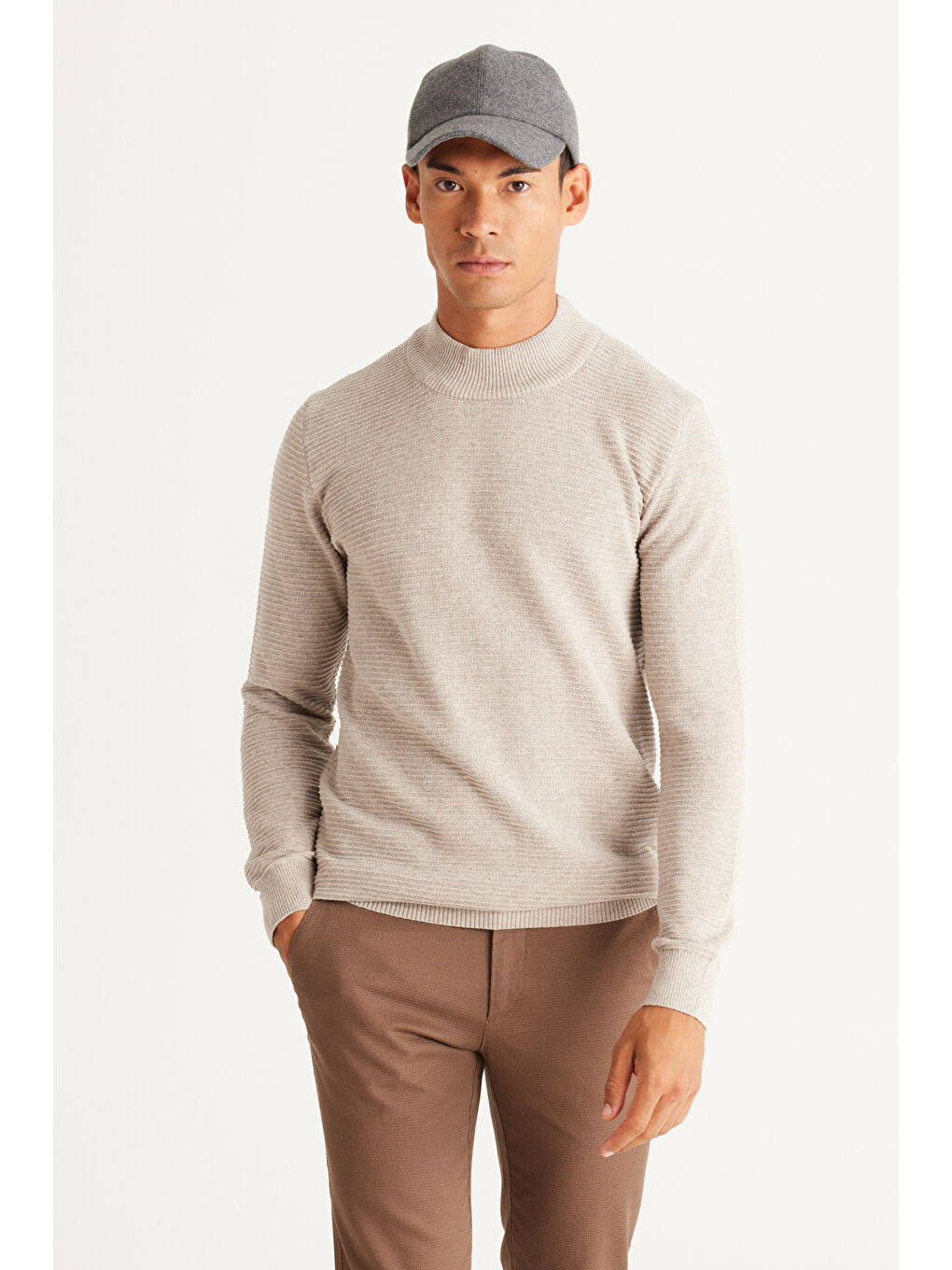 Erkek Bej Melanj Recycle Standart Fit Yarım Balıkçı Yaka Pamuklu Desenli Triko Kazak