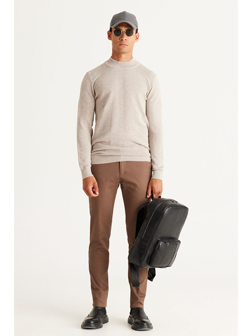 Erkek Bej Melanj Recycle Standart Fit Yarım Balıkçı Yaka Pamuklu Desenli Triko Kazak-1