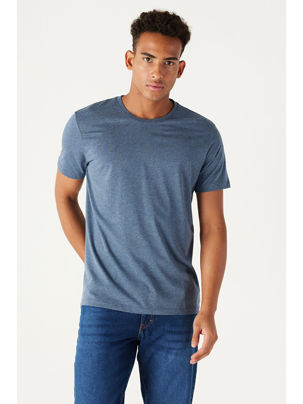 Erkek İndigo Melanj Slim Fit Dar Kesim %100 Pamuk Bisiklet Yaka Kısa Kollu Tişört