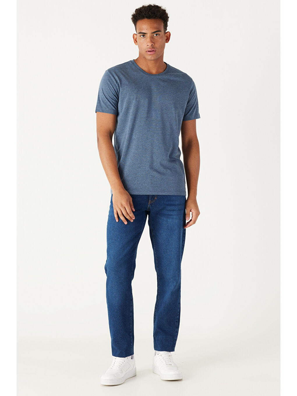 Erkek İndigo Melanj Slim Fit Dar Kesim %100 Pamuk Bisiklet Yaka Kısa Kollu Tişört-2