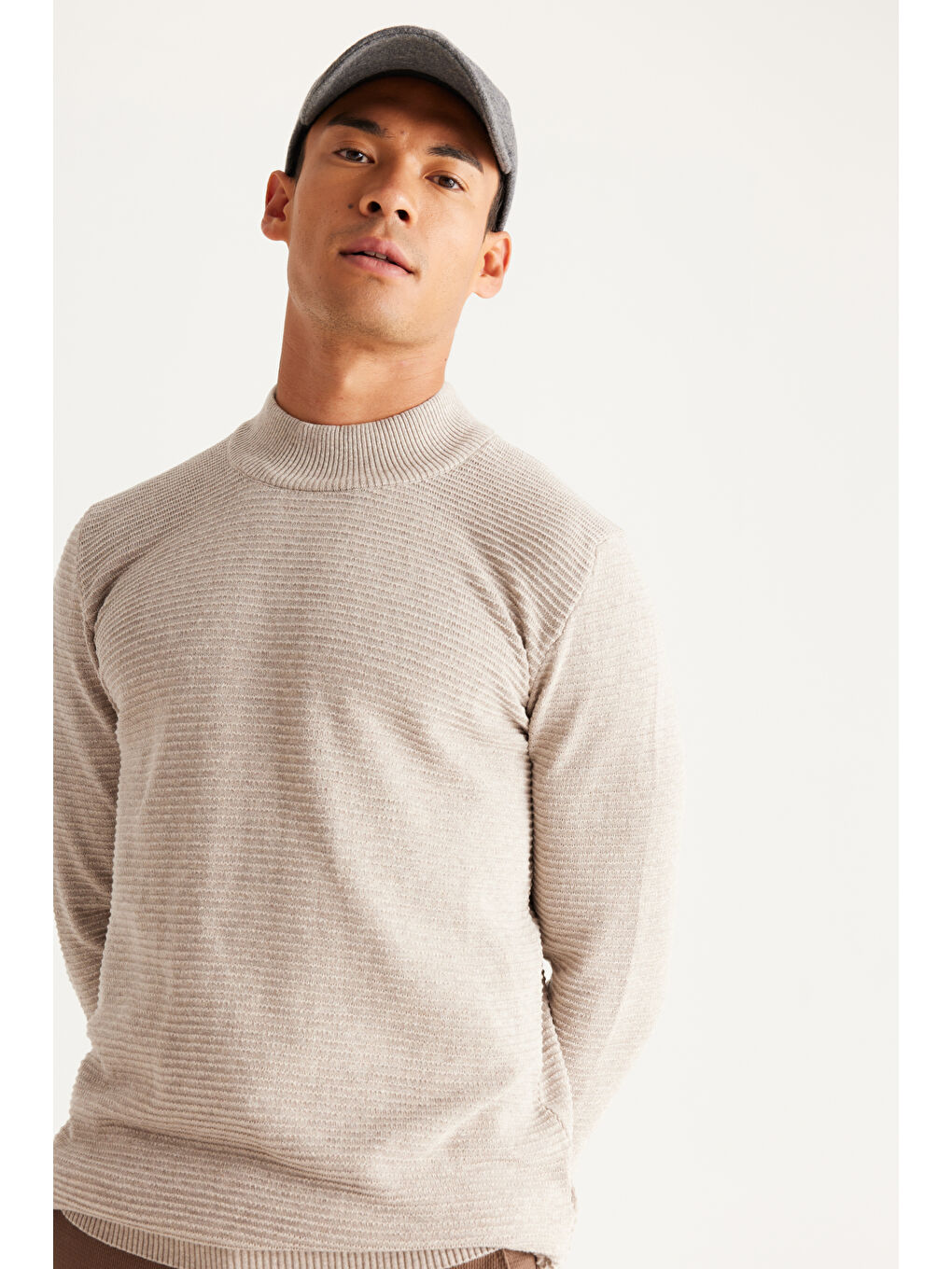 Erkek Bej Melanj Recycle Standart Fit Yarım Balıkçı Yaka Pamuklu Desenli Triko Kazak-3