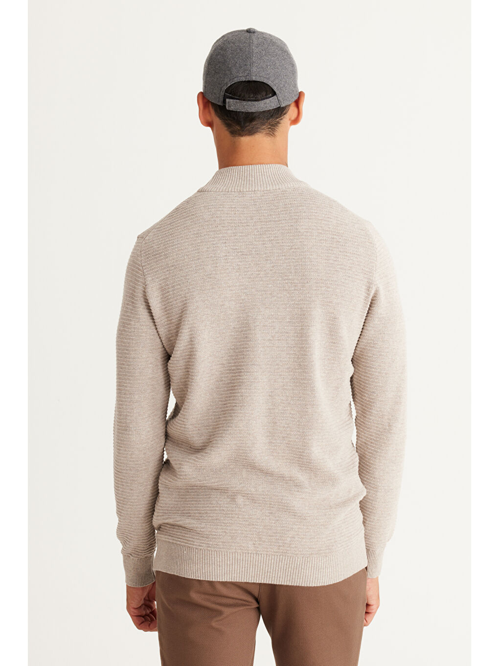 Erkek Bej Melanj Recycle Standart Fit Yarım Balıkçı Yaka Pamuklu Desenli Triko Kazak-4