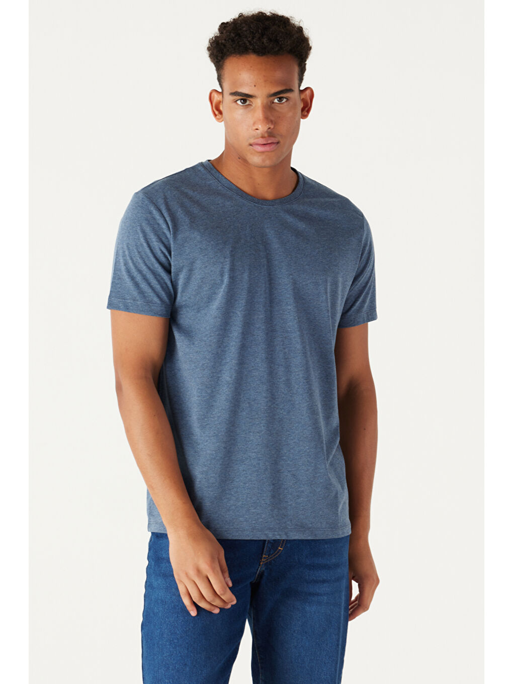 Erkek İndigo Melanj Slim Fit Dar Kesim %100 Pamuk Bisiklet Yaka Kısa Kollu Tişört-4