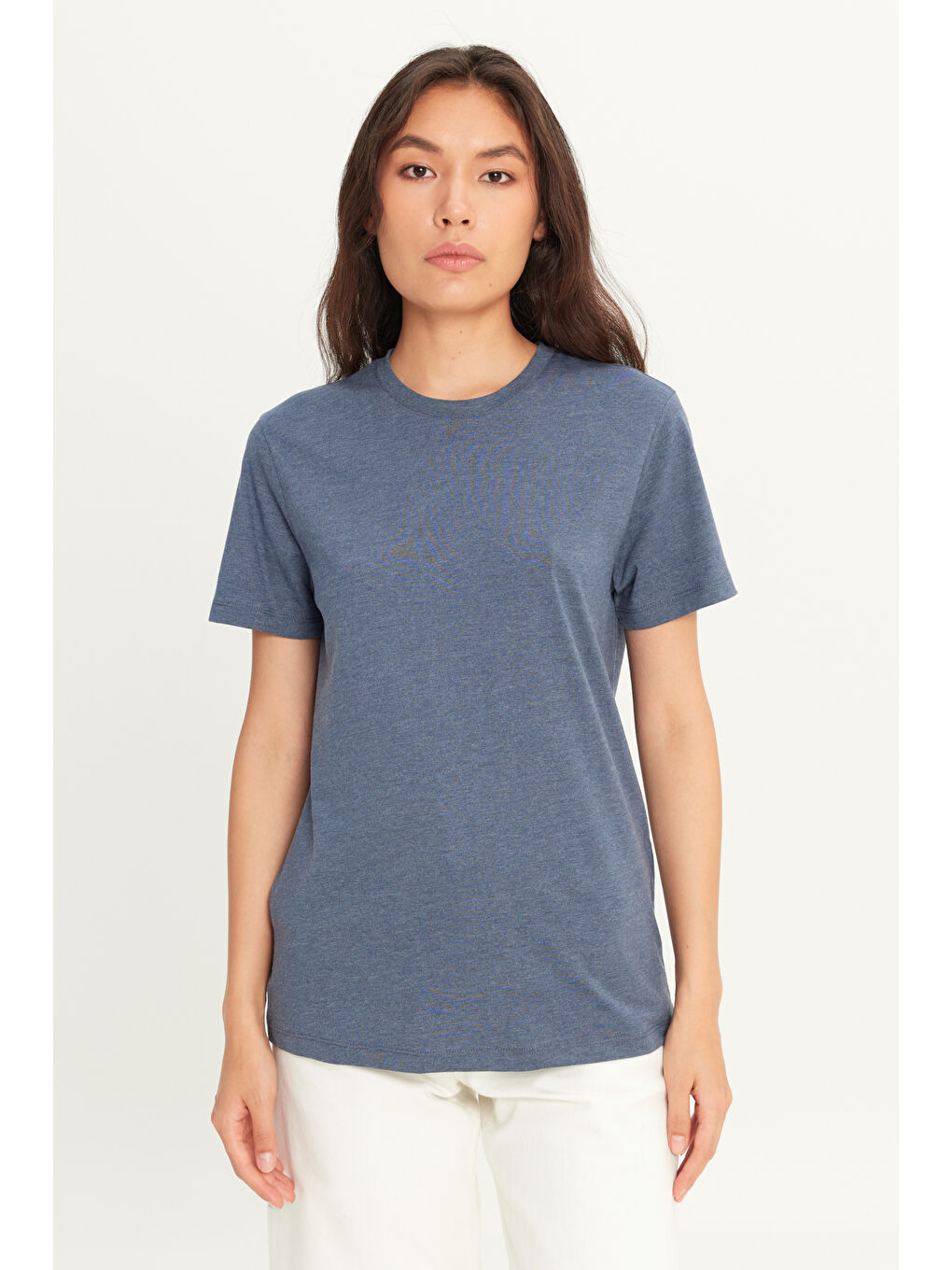 Erkek İndigo Melanj Slim Fit Dar Kesim %100 Pamuk Bisiklet Yaka Kısa Kollu Tişört-5