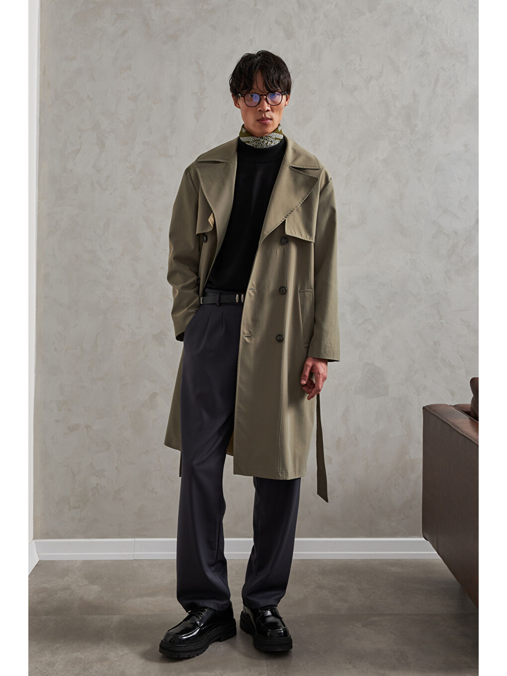 Haki Erkek Kruvaze Yaka Oversize Trençkot