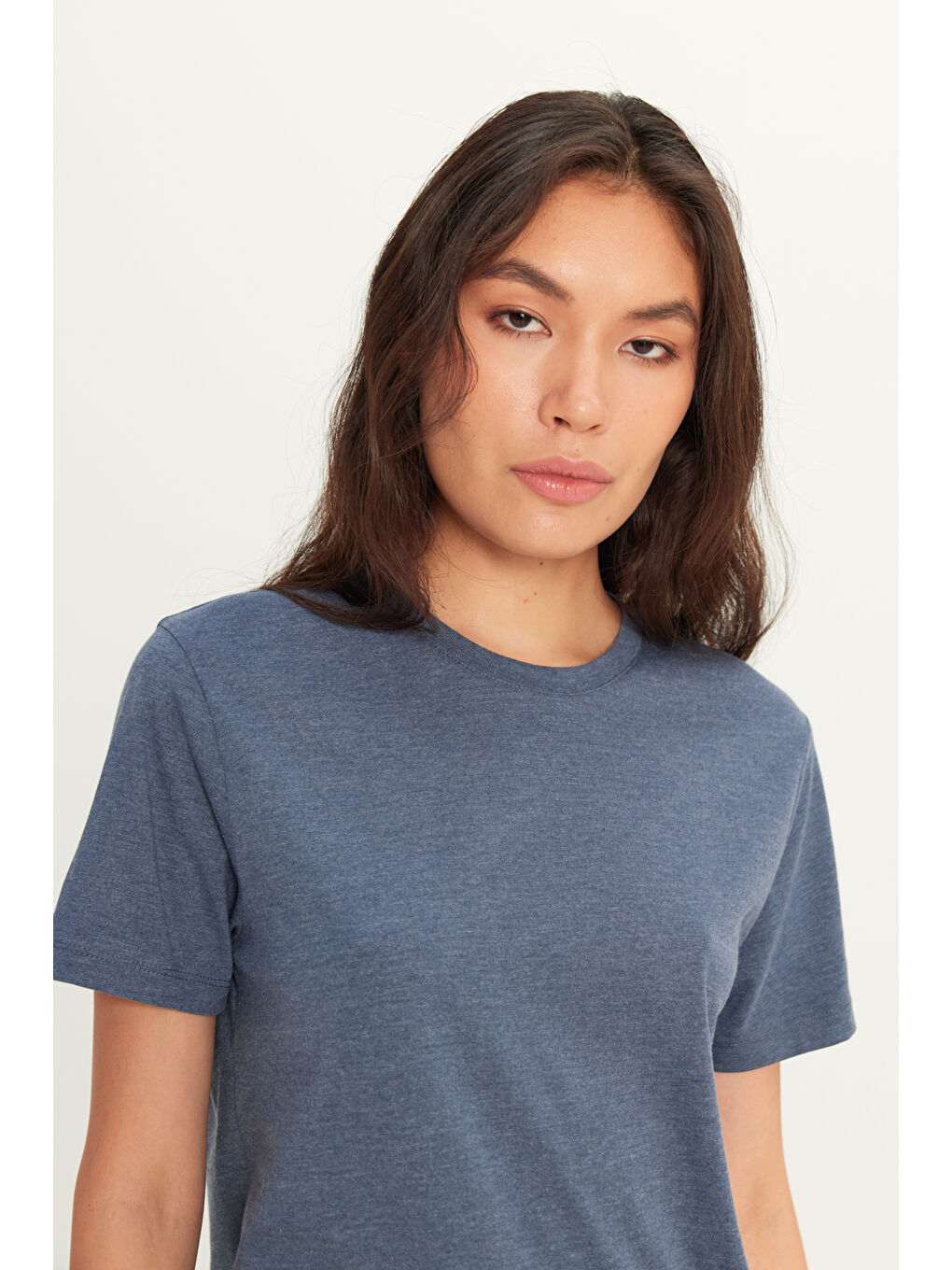 Erkek İndigo Melanj Slim Fit Dar Kesim %100 Pamuk Bisiklet Yaka Kısa Kollu Tişört-7