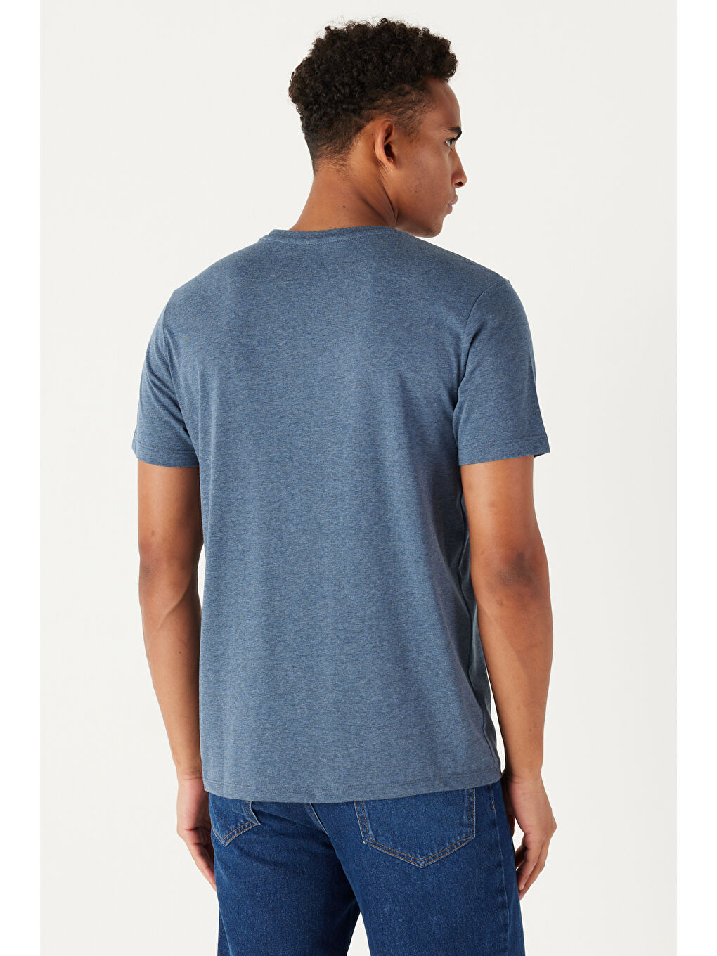 Erkek İndigo Melanj Slim Fit Dar Kesim %100 Pamuk Bisiklet Yaka Kısa Kollu Tişört-8