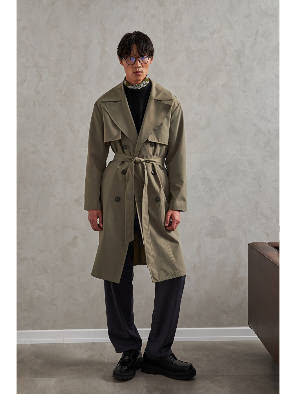 Haki Erkek Kruvaze Yaka Oversize Trençkot-1