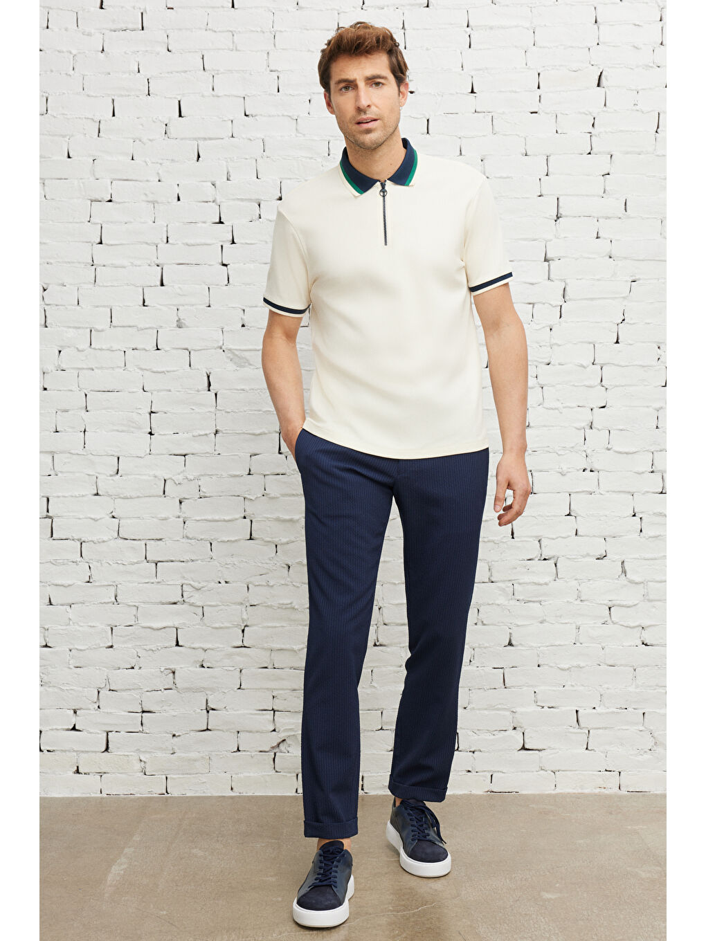 Erkek Ekru-Lacivert Regular Fit Geniş Kesim Polo Yaka %100 Pamuk Tişört-2