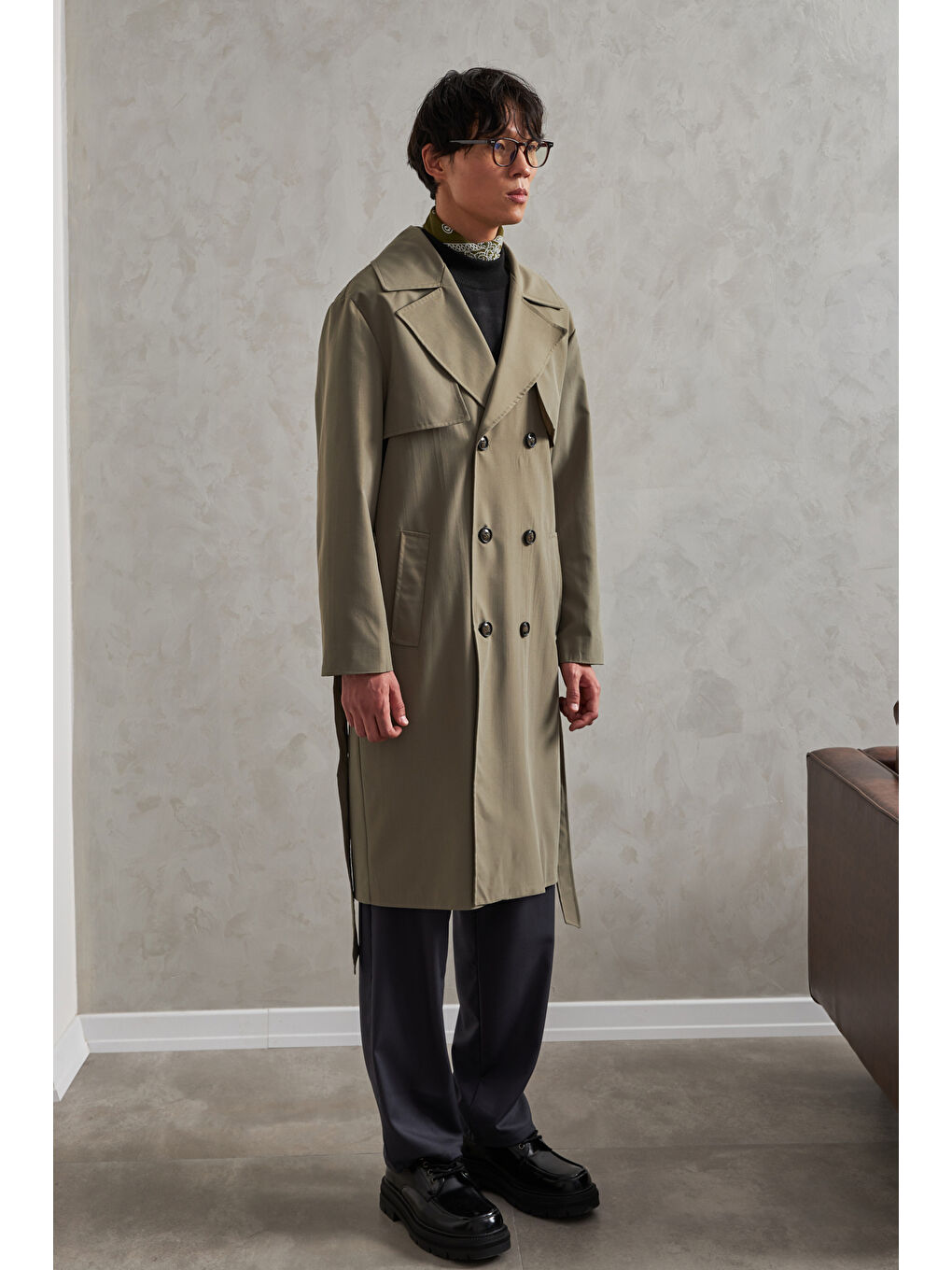 Haki Erkek Kruvaze Yaka Oversize Trençkot-3