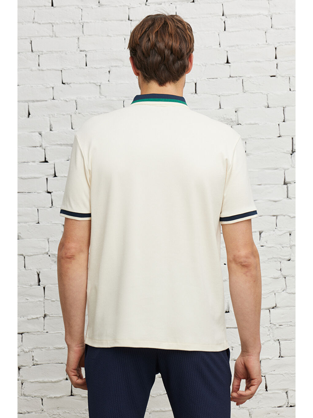 Erkek Ekru-Lacivert Regular Fit Geniş Kesim Polo Yaka %100 Pamuk Tişört-5