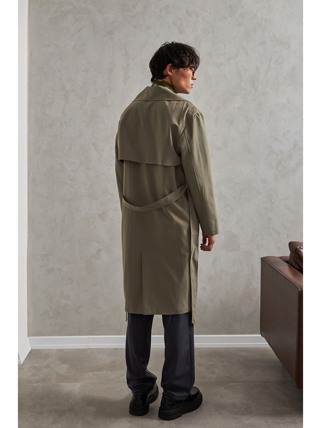 Haki Erkek Kruvaze Yaka Oversize Trençkot-4