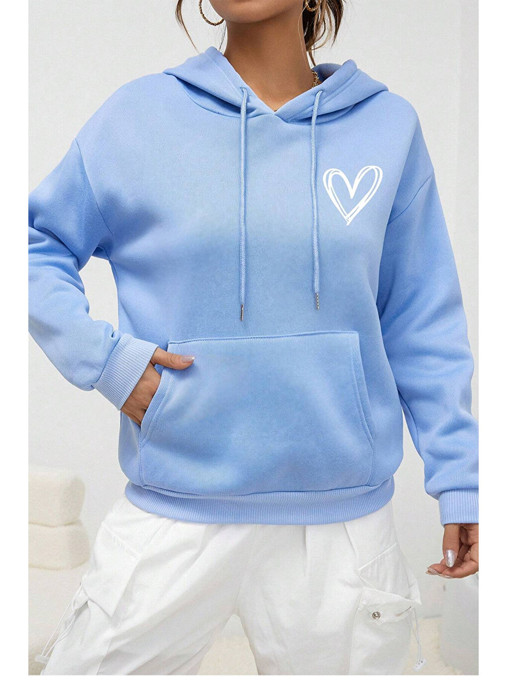 uyguntarz Bebek Mavisi Unisex Heart Baskılı Oversize Sweatshirt