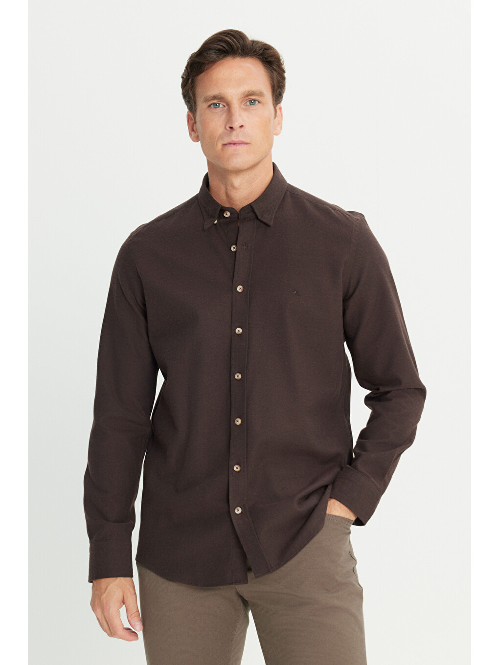 Erkek Kahverengi %100 Pamuk Flanel Slim Fit Dar Kesim Gizli Düğmeli Yaka Gömlek