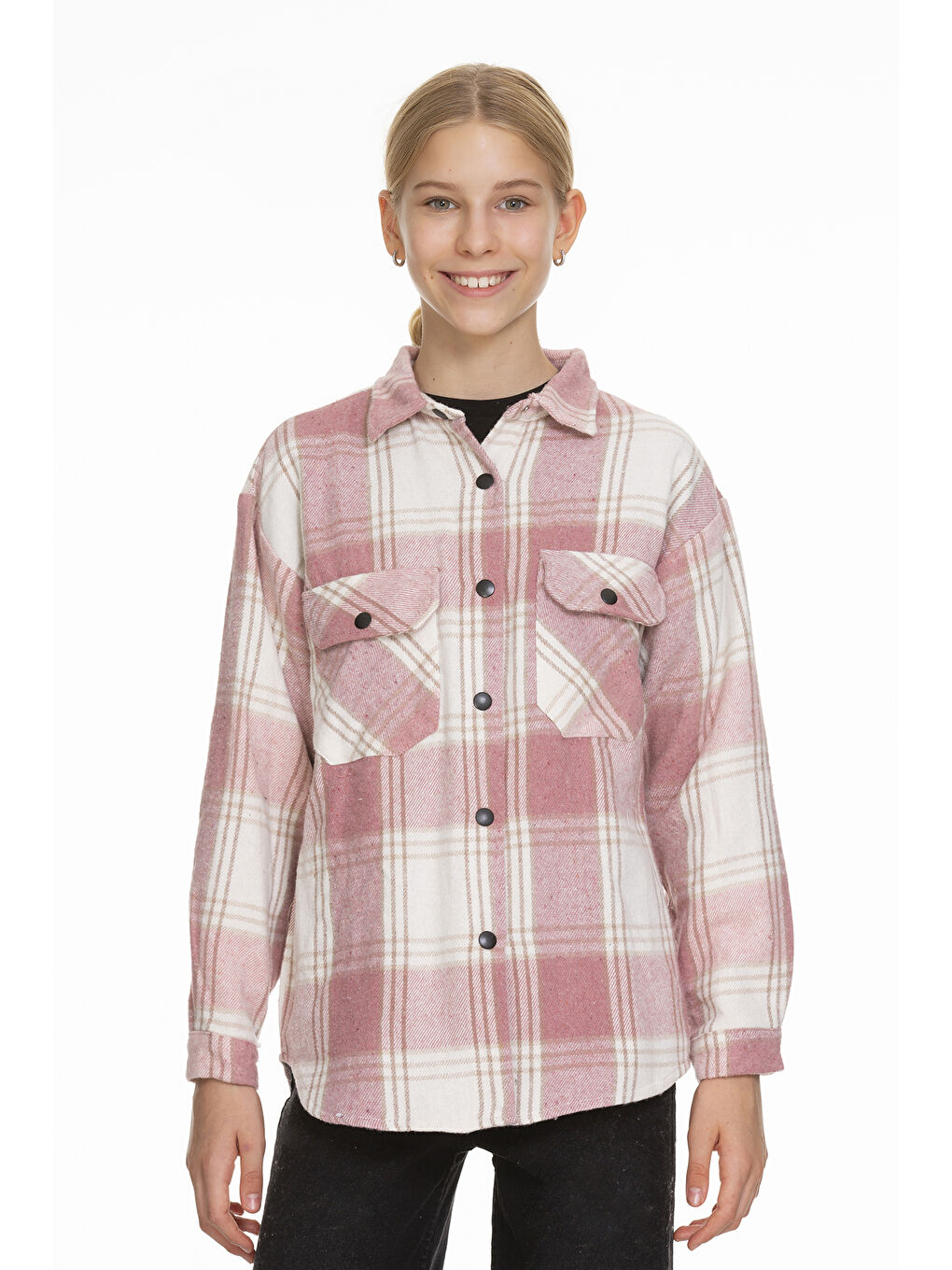 Pembe Kız Çocuk Sırtı Pileli Ekose Oduncu Gömlek Px071.1-1