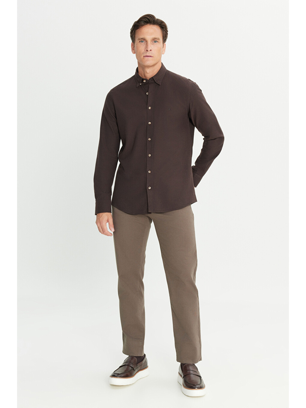 Erkek Kahverengi %100 Pamuk Flanel Slim Fit Dar Kesim Gizli Düğmeli Yaka Gömlek-1