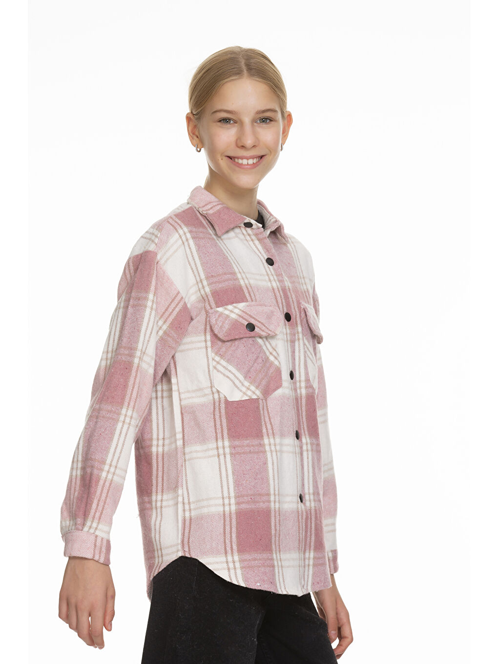 Pembe Kız Çocuk Sırtı Pileli Ekose Oduncu Gömlek Px071.1-2