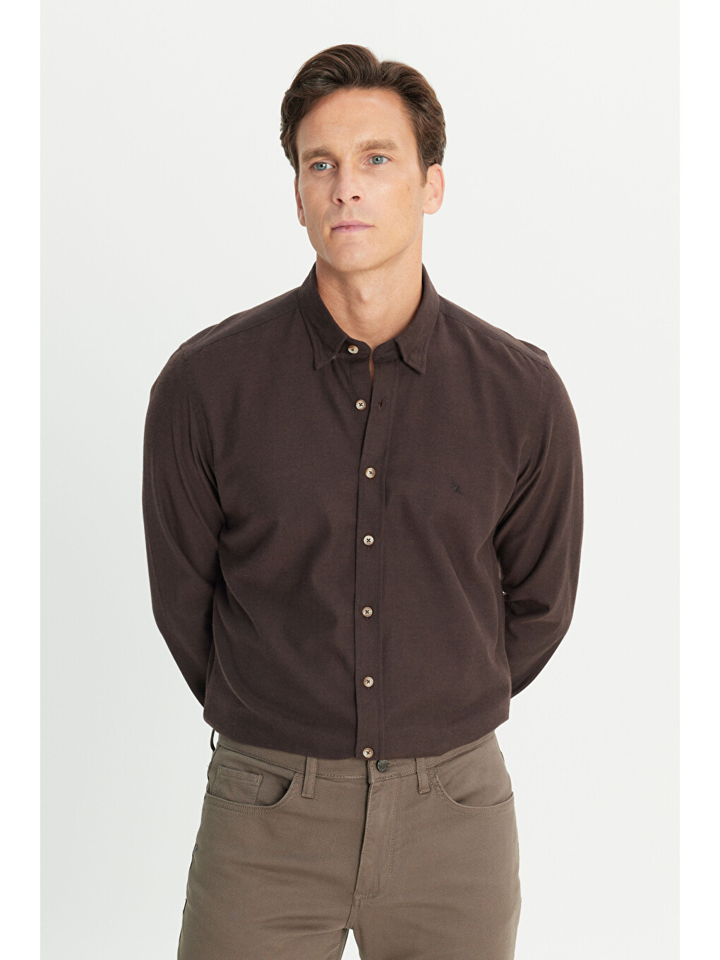 Erkek Kahverengi %100 Pamuk Flanel Slim Fit Dar Kesim Gizli Düğmeli Yaka Gömlek-2