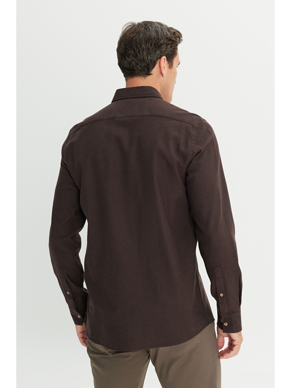 Erkek Kahverengi %100 Pamuk Flanel Slim Fit Dar Kesim Gizli Düğmeli Yaka Gömlek-4