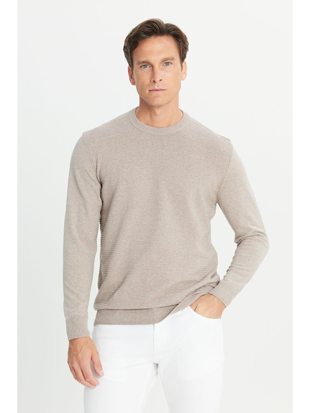 Bej Erkek Vizon Pamuklu Standart Fit Normal Kesim Bisiklet Yaka Jakarlı Triko Kazak