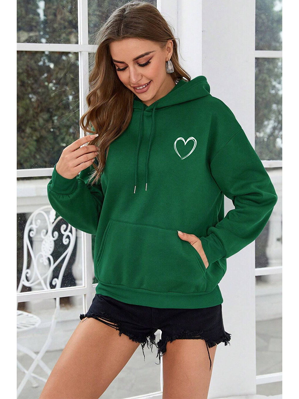 uyguntarz Yeşil Unisex Heart Baskılı Oversize Sweatshirt