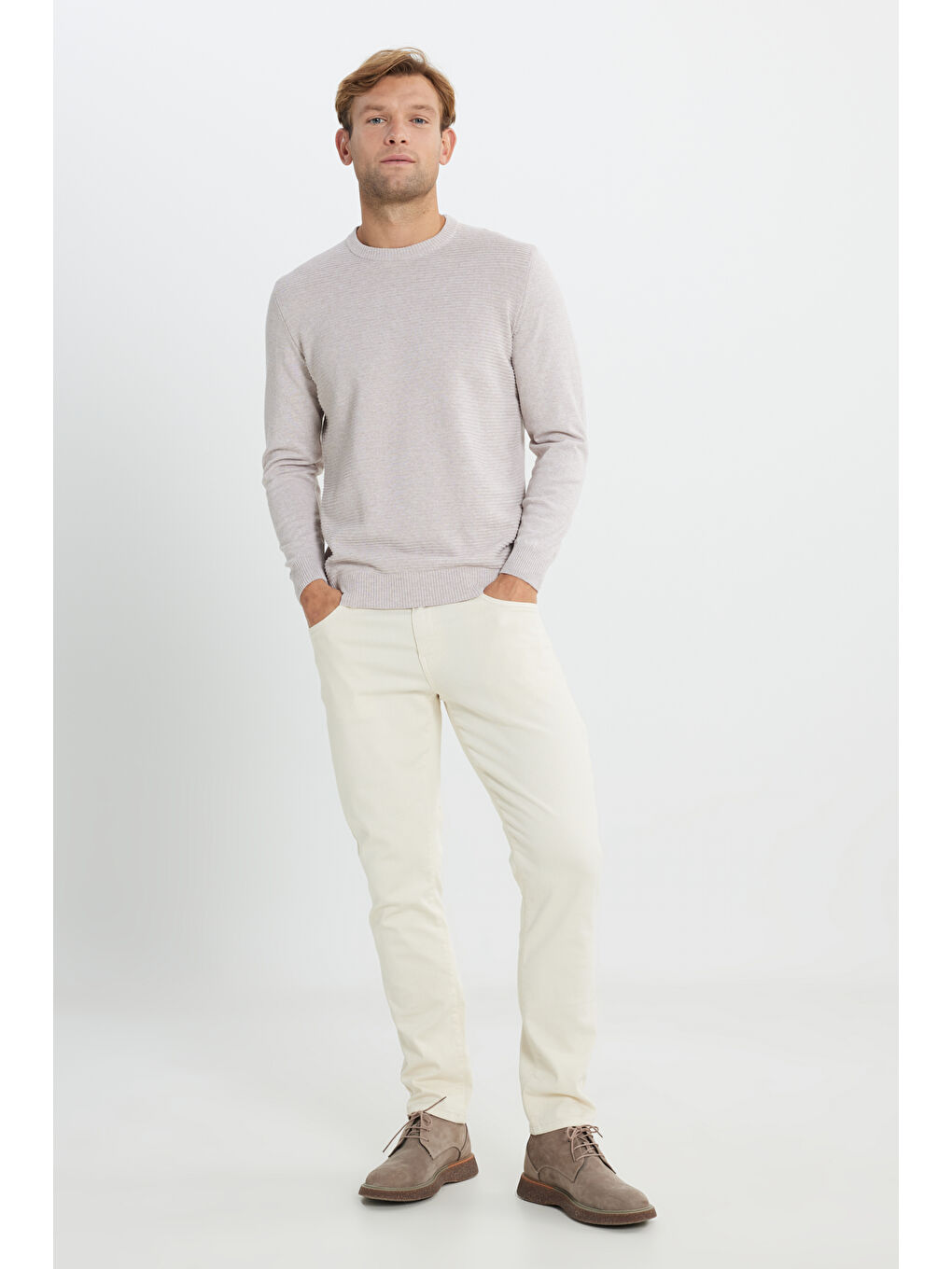 Erkek Bej Melanj Pamuklu Standart Fit Normal Kesim Bisiklet Yaka Jakarlı Triko Kazak-1