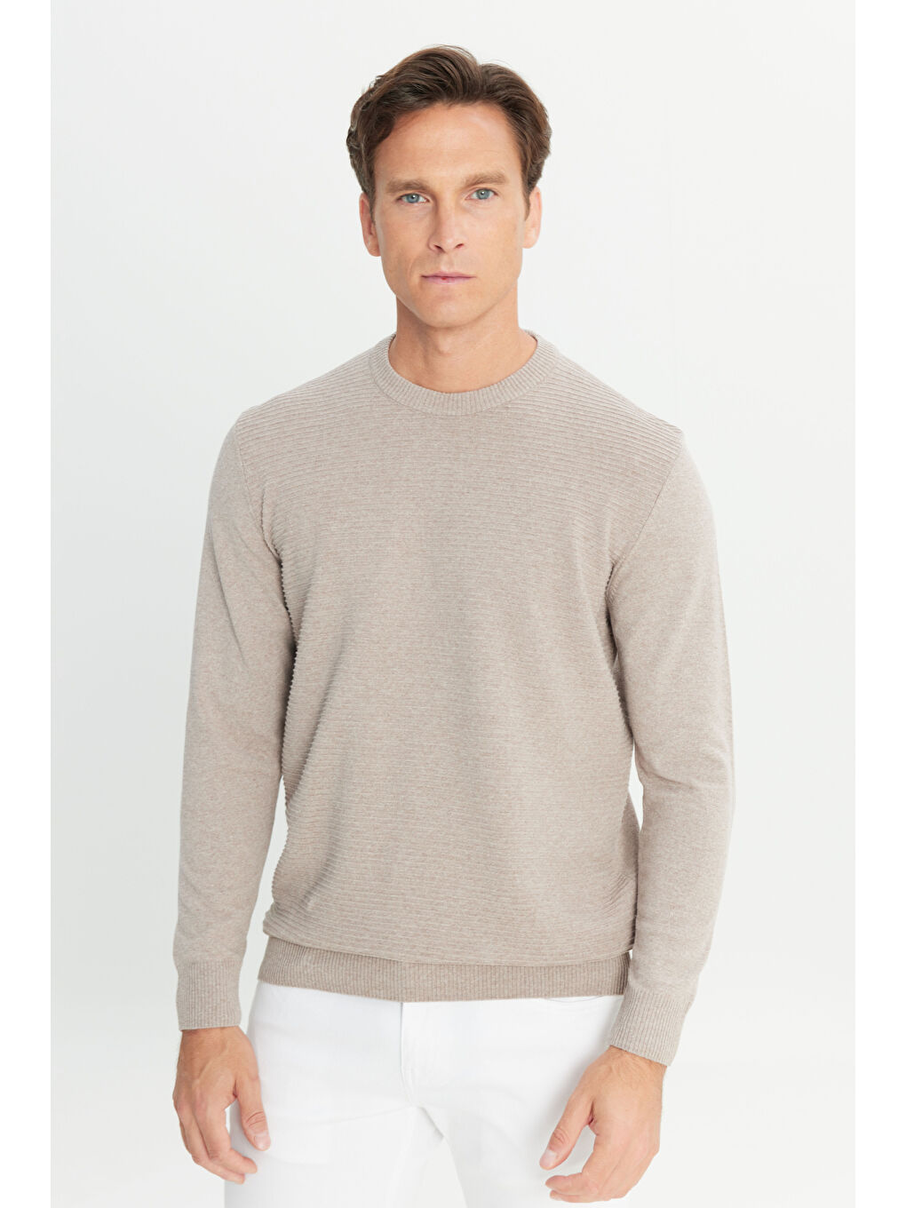 Bej Erkek Vizon Pamuklu Standart Fit Normal Kesim Bisiklet Yaka Jakarlı Triko Kazak-2