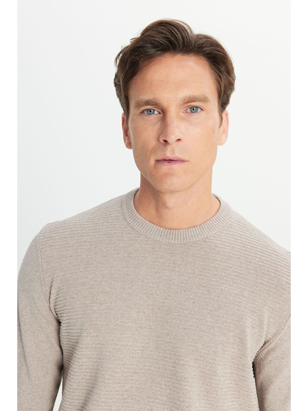 Bej Erkek Vizon Pamuklu Standart Fit Normal Kesim Bisiklet Yaka Jakarlı Triko Kazak-3