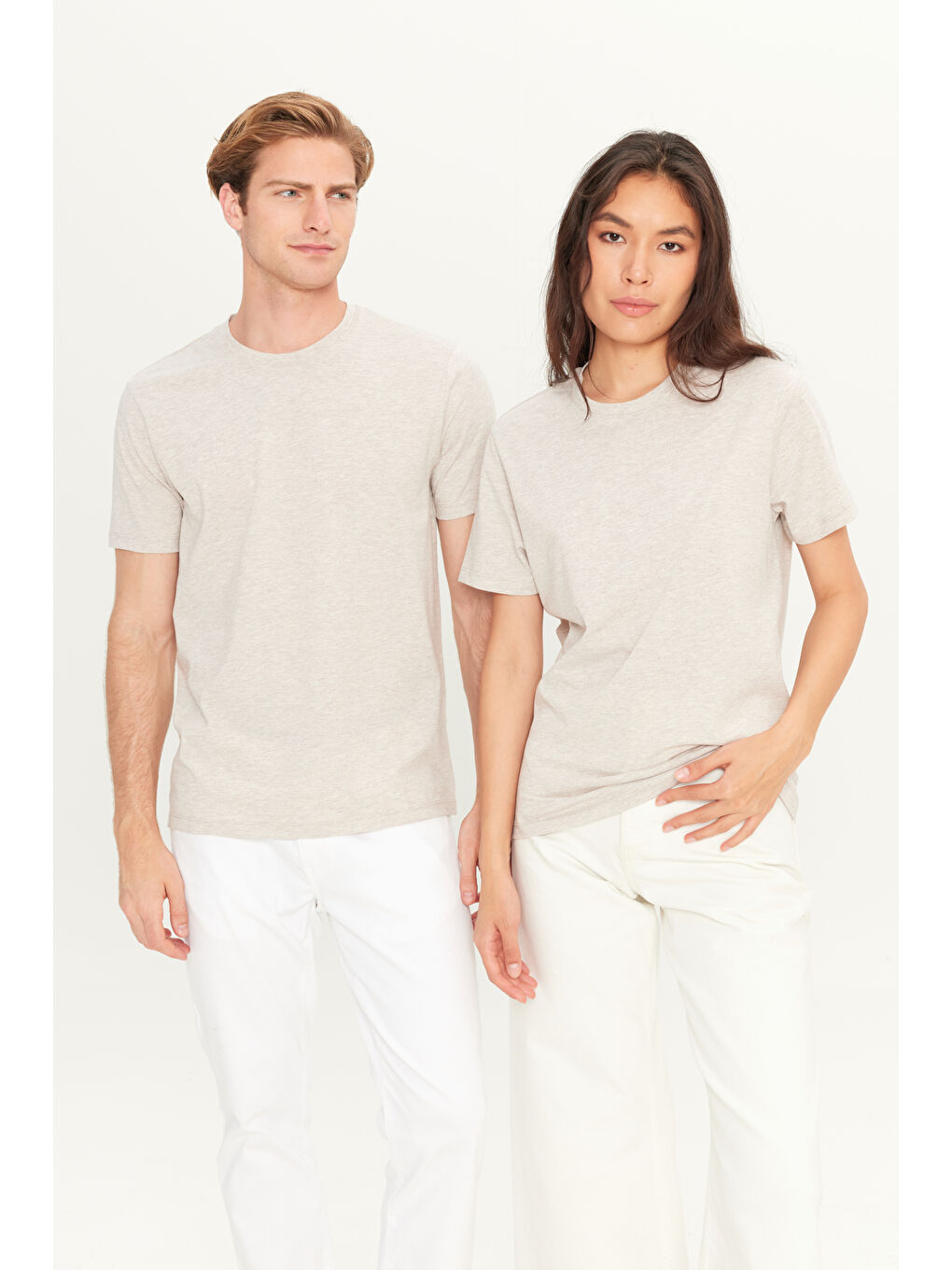 Erkek Bej Melanj Slim Fit Dar Kesim %100 Pamuk Bisiklet Yaka Kısa Kollu Tişört-1