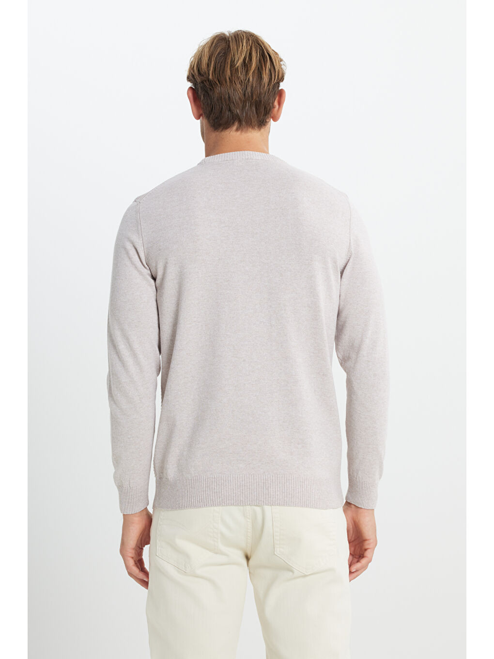 Erkek Bej Melanj Pamuklu Standart Fit Normal Kesim Bisiklet Yaka Jakarlı Triko Kazak-4