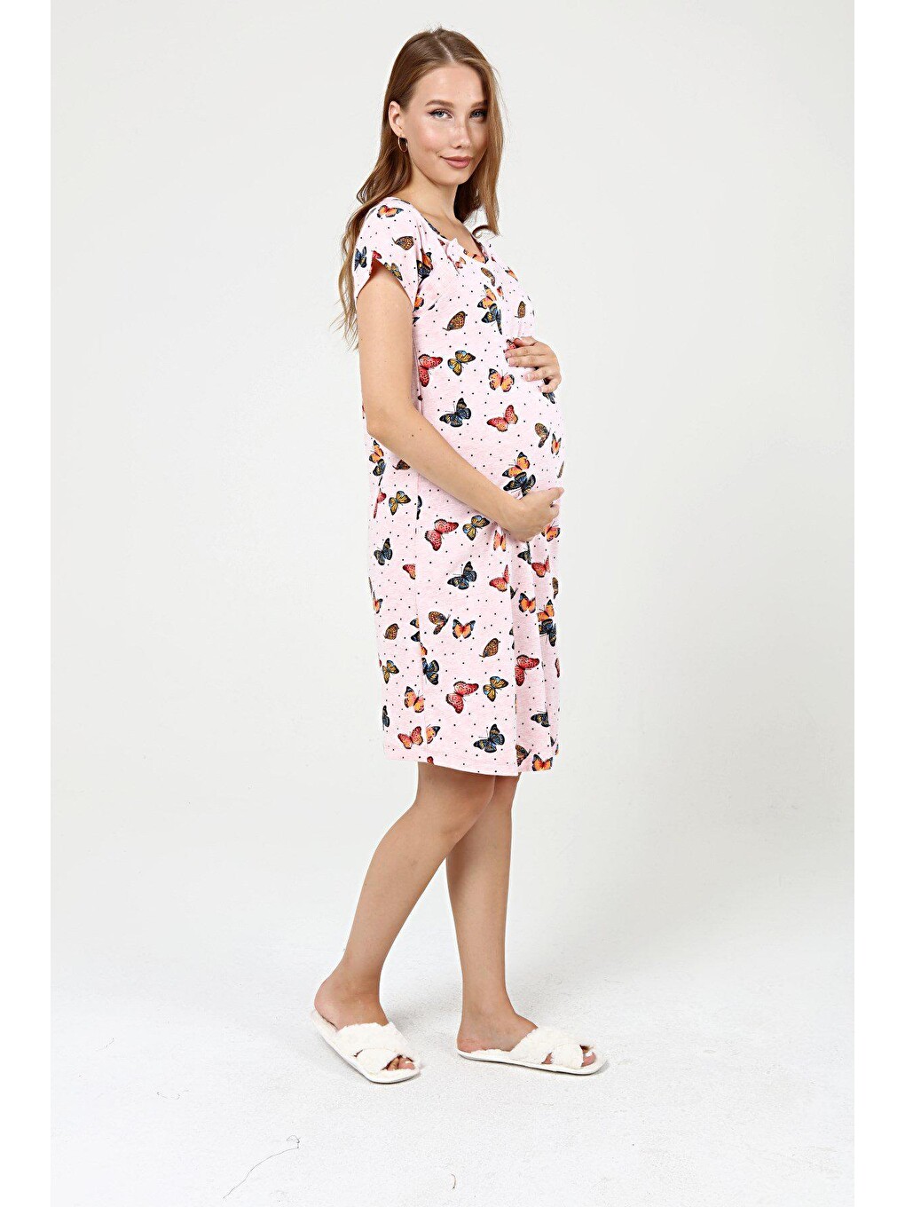 Pembe Yandan Çıt Çıtlı Kadın Hamile Geceliği-3