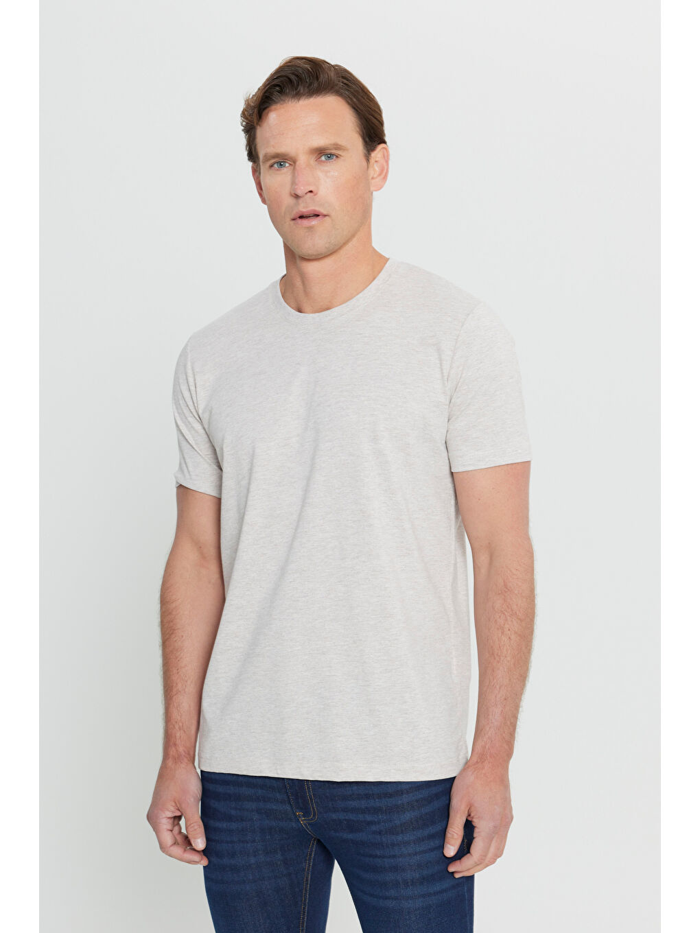 Erkek Bej Melanj Slim Fit Dar Kesim %100 Pamuk Bisiklet Yaka Kısa Kollu Tişört-3