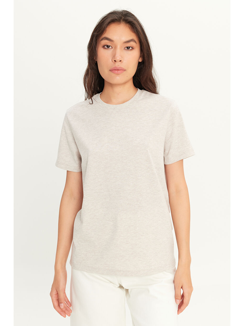 Erkek Bej Melanj Slim Fit Dar Kesim %100 Pamuk Bisiklet Yaka Kısa Kollu Tişört-5