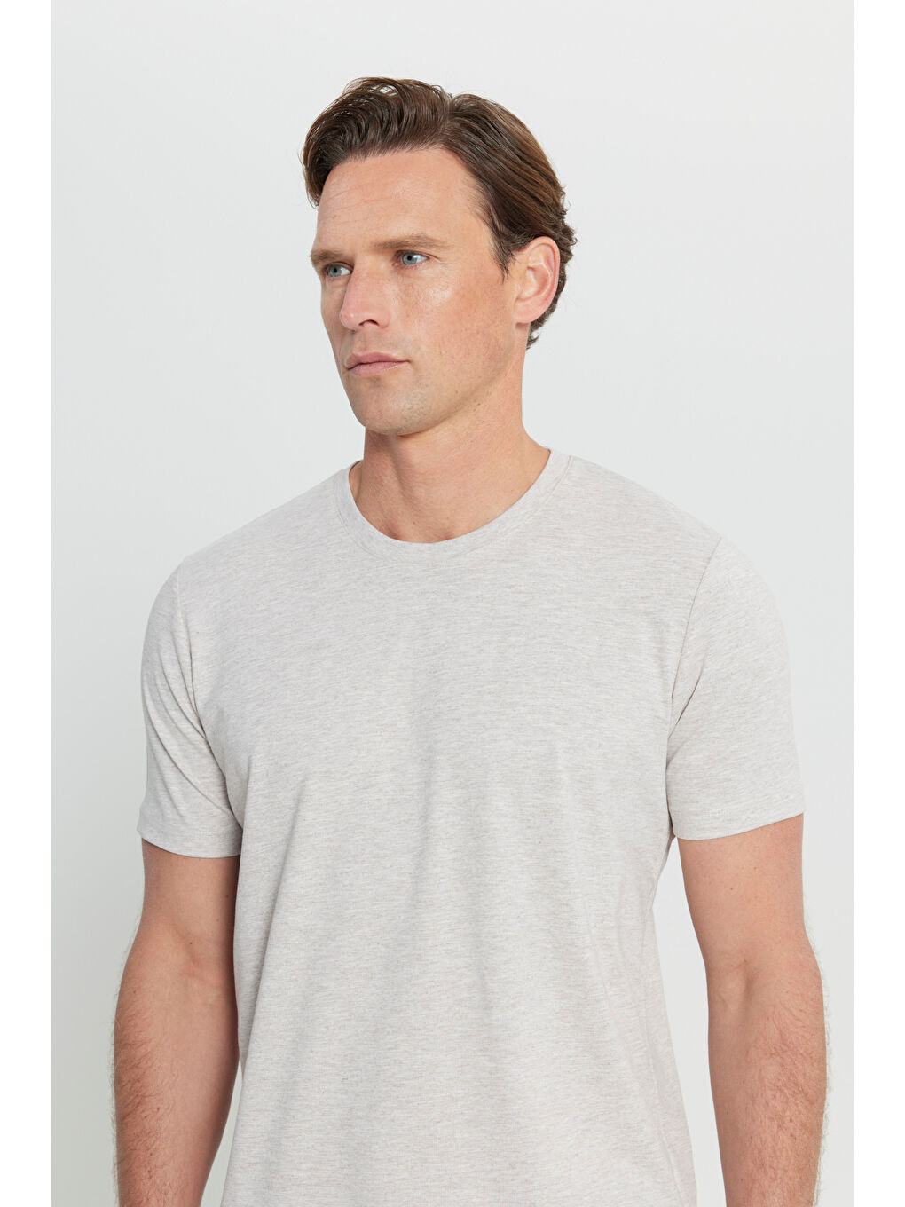 Erkek Bej Melanj Slim Fit Dar Kesim %100 Pamuk Bisiklet Yaka Kısa Kollu Tişört-6